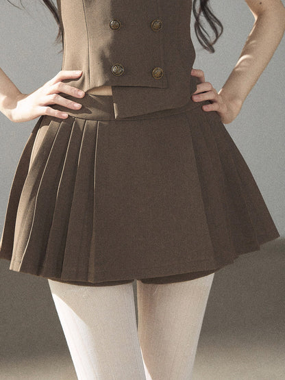 AOMALM - “Evening Breeze in the Valley” Chestnut Brown Blazer, Cami & Pleated Skort Set
