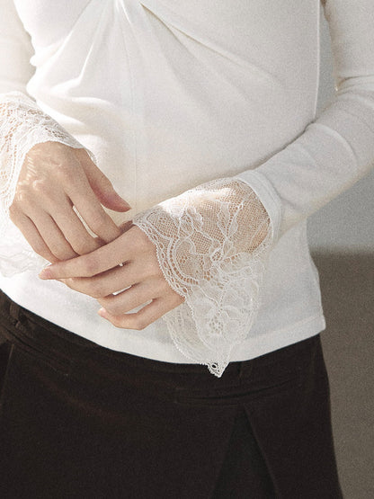 AOMALM - “Pleated Afterglow” Creamy Almond Twist-Front Mock Neck Long-Sleeve Top