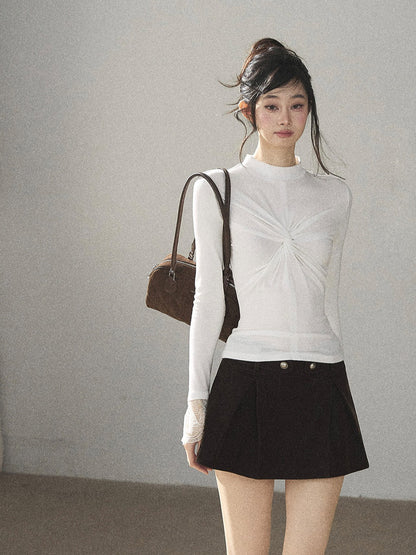 AOMALM - “Pleated Afterglow” Creamy Almond Twist-Front Mock Neck Long-Sleeve Top
