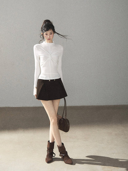 AOMALM - “Pleated Afterglow” Creamy Almond Twist-Front Mock Neck Long-Sleeve Top