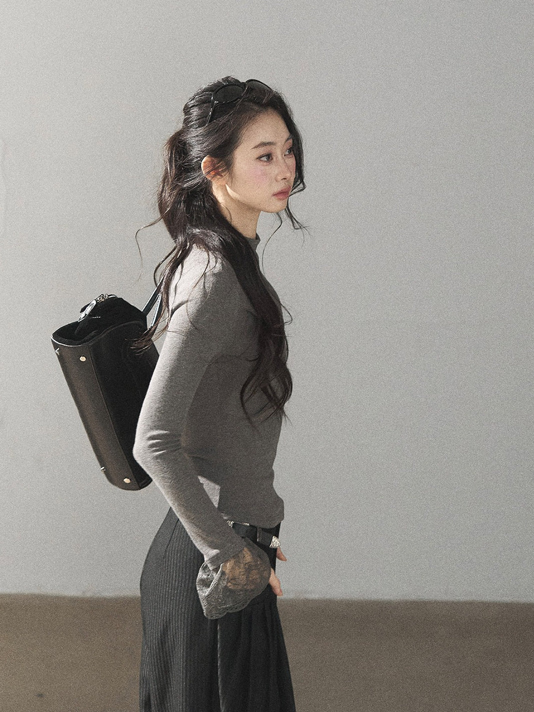 AOMALM - “Pleated Afterglow” Sage Gray Twist-Front Mock Neck Long-Sleeve Top