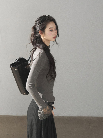AOMALM - “Pleated Afterglow” Sage Gray Twist-Front Mock Neck Long-Sleeve Top