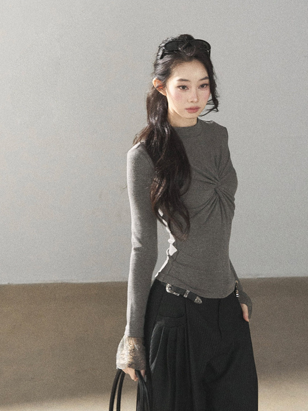 AOMALM - “Pleated Afterglow” Sage Gray Twist-Front Mock Neck Long-Sleeve Top