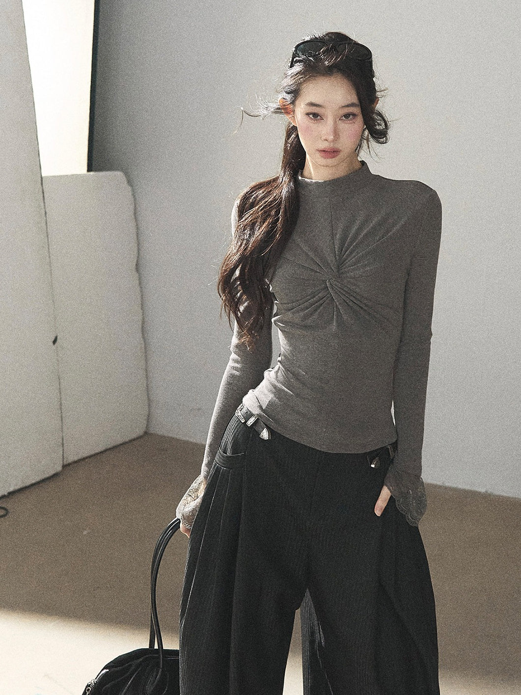 AOMALM - “Pleated Afterglow” Sage Gray Twist-Front Mock Neck Long-Sleeve Top