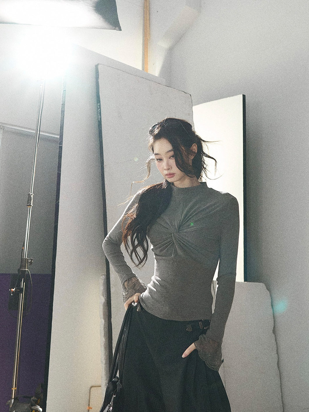 AOMALM - “Pleated Afterglow” Sage Gray Twist-Front Mock Neck Long-Sleeve Top