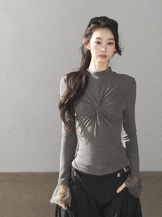 AOMALM - “Pleated Afterglow” Sage Gray Twist-Front Mock Neck Long-Sleeve Top