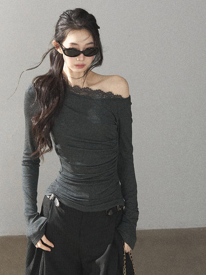 AOMALM - Dark Rock Gray Faux Two-Piece Asymmetrical Lace Long-Sleeve Top