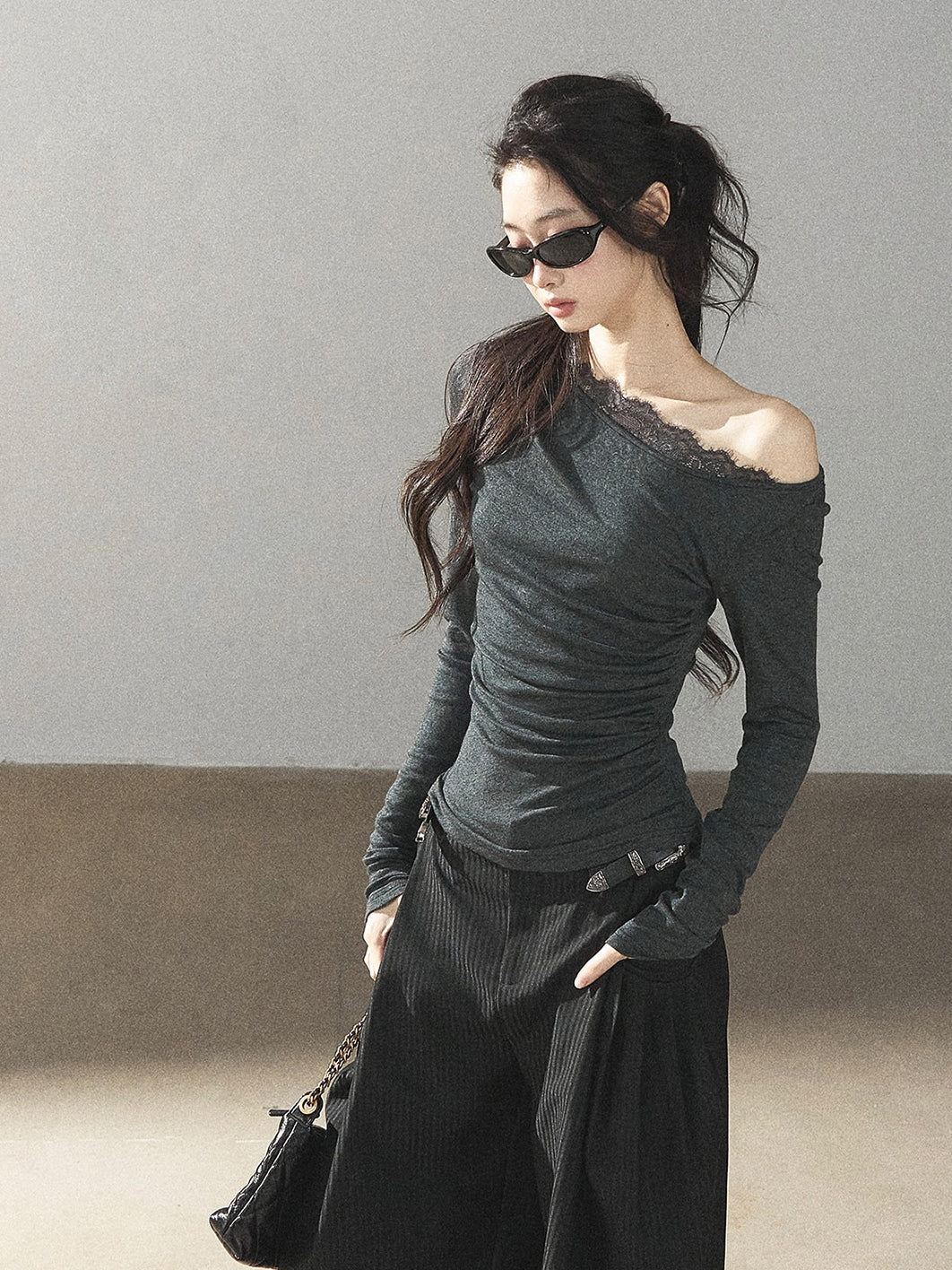 AOMALM - Dark Rock Gray Faux Two-Piece Asymmetrical Lace Long-Sleeve Top