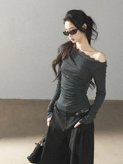 AOMALM - Dark Rock Gray Faux Two-Piece Asymmetrical Lace Long-Sleeve Top