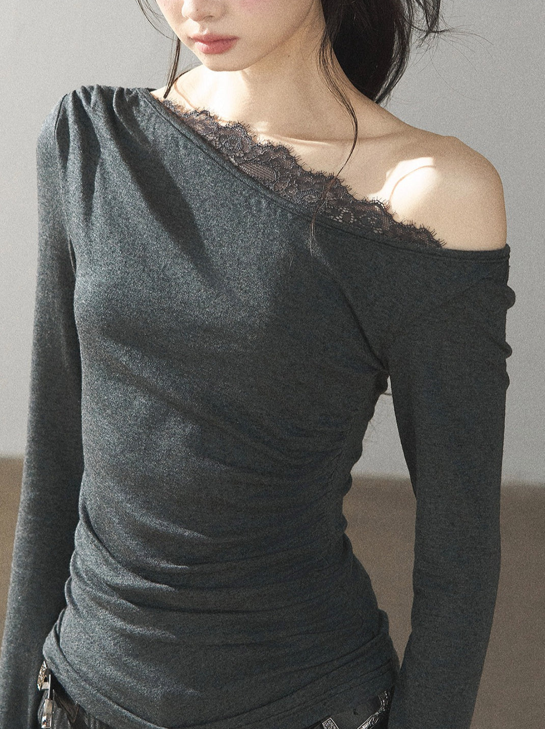 AOMALM - Dark Rock Gray Faux Two-Piece Asymmetrical Lace Long-Sleeve Top