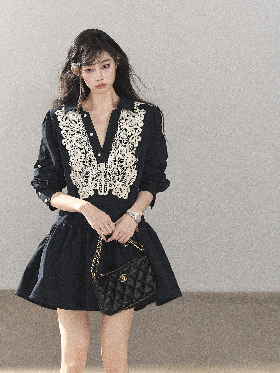 AOMALM - Navy French-Inspired Lace Shirt Mini Dress with Convertible Sleeves