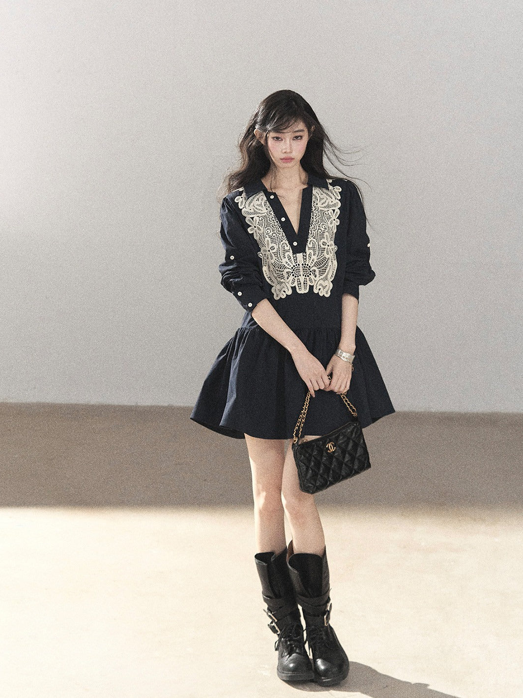 AOMALM - Navy French-Inspired Lace Shirt Mini Dress with Convertible Sleeves