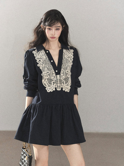 AOMALM - Navy French-Inspired Lace Shirt Mini Dress with Convertible Sleeves