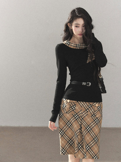 AOMALM - Black Knit Top & Light Smoky Brown Plaid Skirt Set with Belt