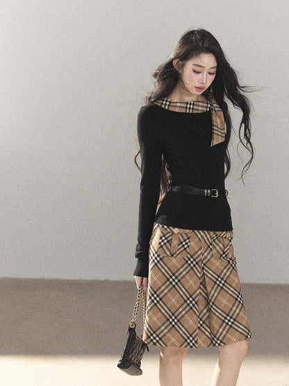 AOMALM - Black Knit Top & Light Smoky Brown Plaid Skirt Set with Belt