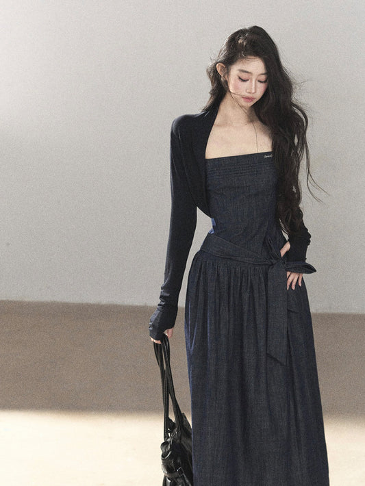 AOMALM - Navy Denim Long Dress with Matching Cardigan & Side Slit