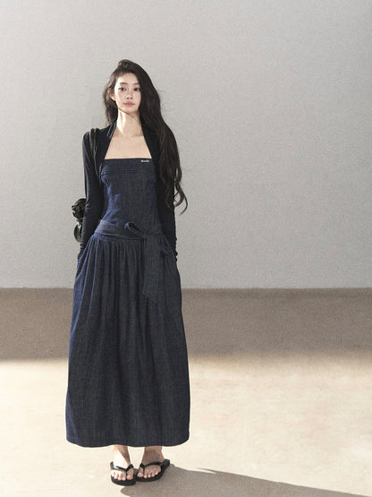AOMALM - Navy Denim Long Dress with Matching Cardigan & Side Slit