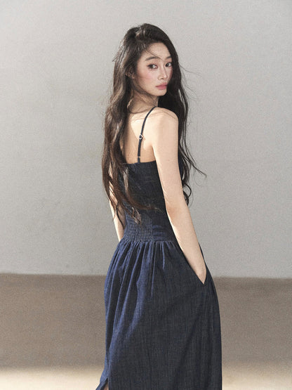AOMALM - Navy Denim Long Dress with Matching Cardigan & Side Slit