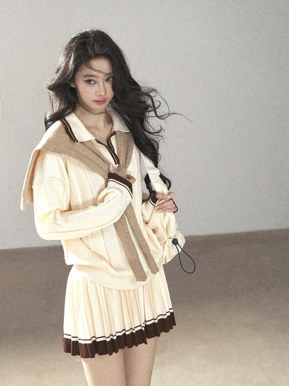 AOMALM - Dutch Cheese Knit Top & Pleated Mini Skirt Set with Khaki Shawl