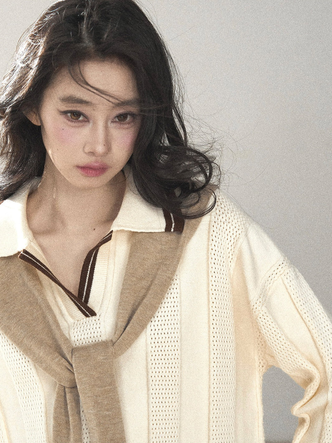 AOMALM - Dutch Cheese Knit Top & Pleated Mini Skirt Set with Khaki Shawl