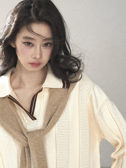 AOMALM - Dutch Cheese Knit Top & Pleated Mini Skirt Set with Khaki Shawl