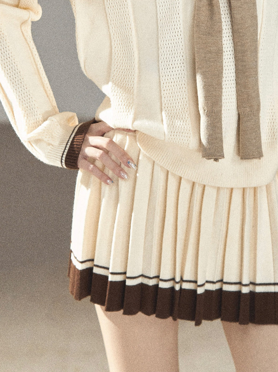 AOMALM - Dutch Cheese Knit Top & Pleated Mini Skirt Set with Khaki Shawl