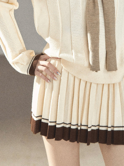AOMALM - Dutch Cheese Knit Top & Pleated Mini Skirt Set with Khaki Shawl