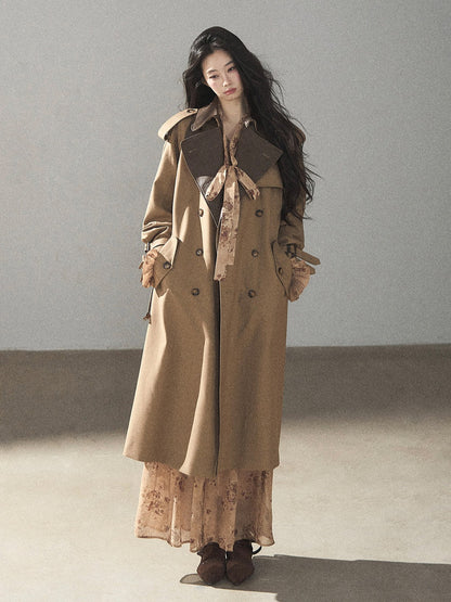 AOMALM - Chestnut Brown Long A-Line Trench Coat with Belt
