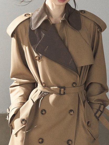 AOMALM - Chestnut Brown Long A-Line Trench Coat with Belt