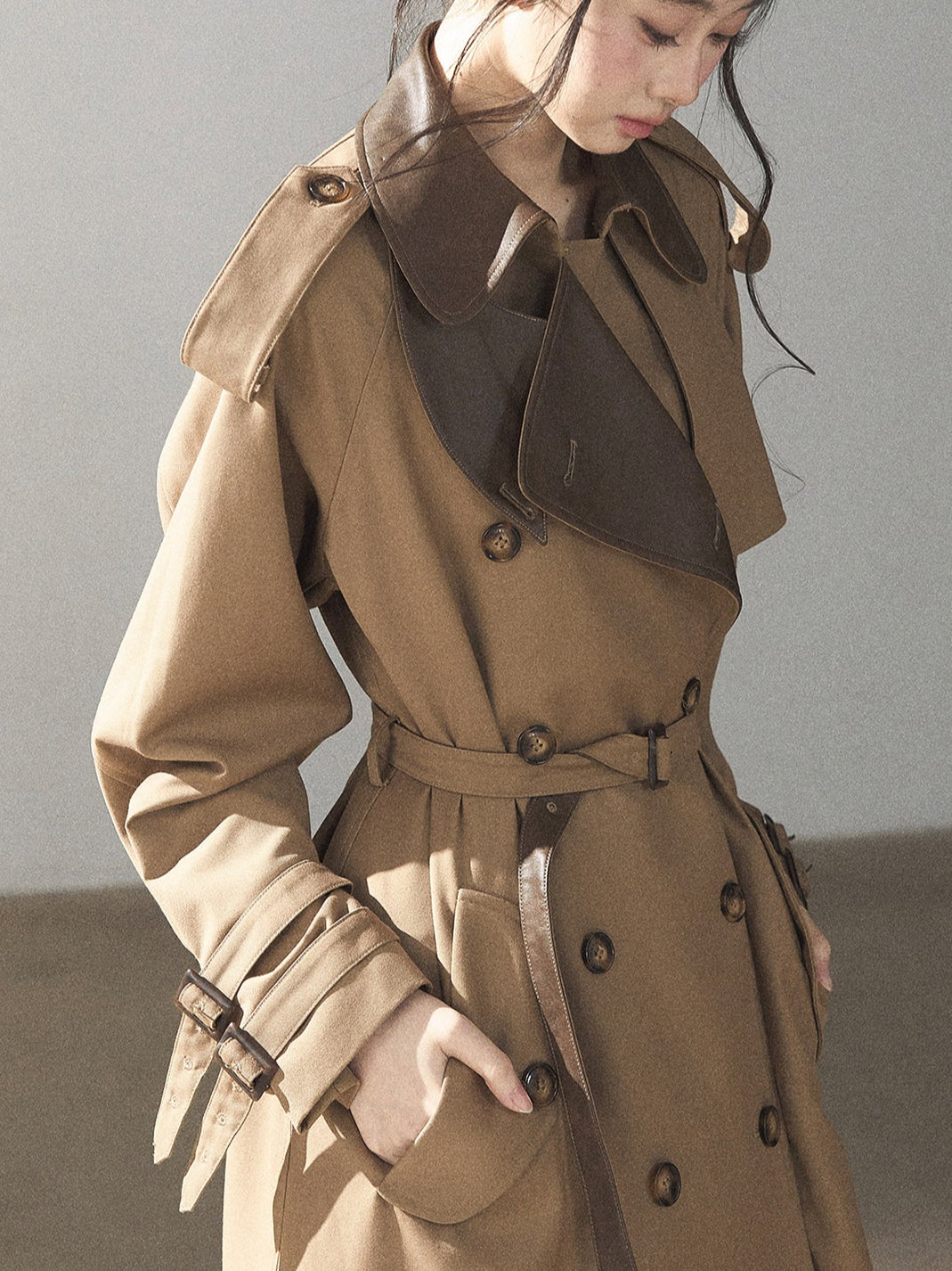 AOMALM - Chestnut Brown Long A-Line Trench Coat with Belt