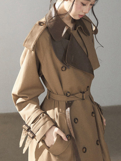 AOMALM - Chestnut Brown Long A-Line Trench Coat with Belt