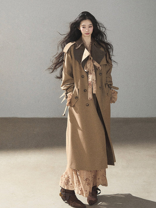 AOMALM - Chestnut Brown Long A-Line Trench Coat with Belt