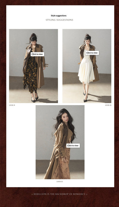 AOMALM - Chestnut Brown Long A-Line Trench Coat with Belt
