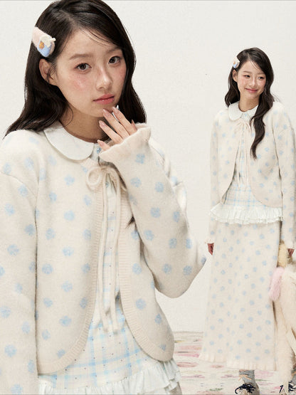 [RF] Ice Blue Polka Dot Knit Cardigan & Midi Skirt Set