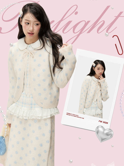 [RF] Ice Blue Polka Dot Knit Cardigan & Midi Skirt Set