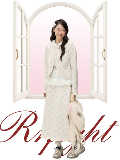 [RF] Ice Blue Polka Dot Knit Cardigan & Midi Skirt Set