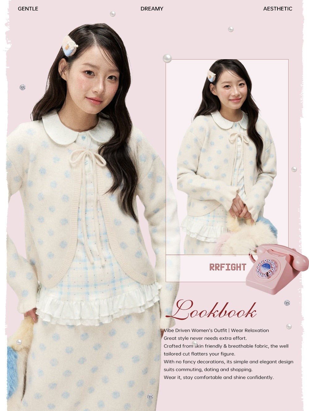 [RF] Ice Blue Polka Dot Knit Cardigan & Midi Skirt Set