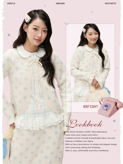 [RF] Ice Blue Polka Dot Knit Cardigan & Midi Skirt Set