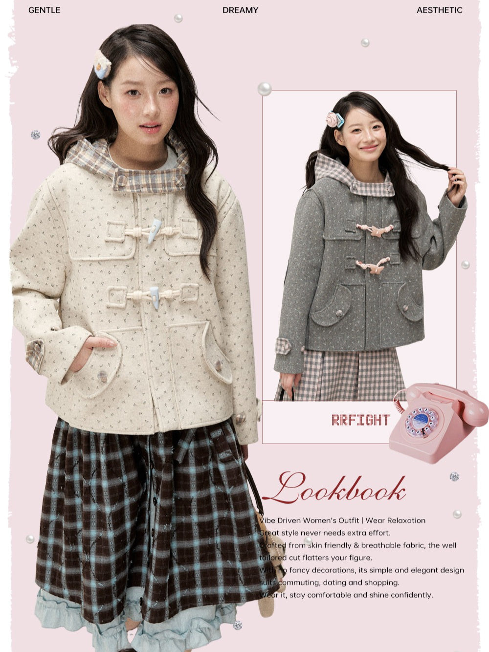 [RF] Floral Heather Beige Apricot Plaid-Trim Hooded Duffle Coat