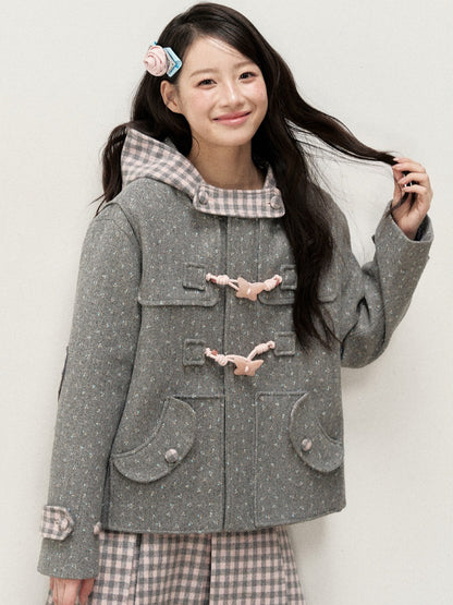 [RF] Floral Heather Gray Pink Plaid-Trim Hooded Duffle Coat