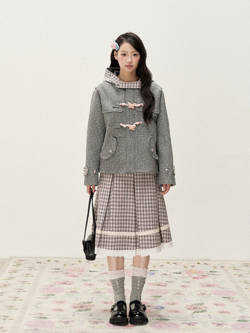 [RF] Floral Heather Gray Pink Plaid-Trim Hooded Duffle Coat