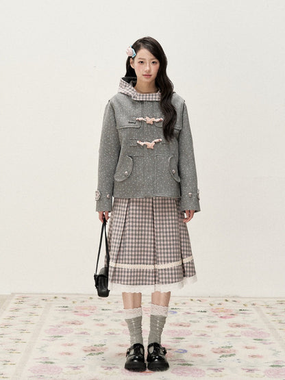 [RF] Floral Heather Gray Pink Plaid-Trim Hooded Duffle Coat