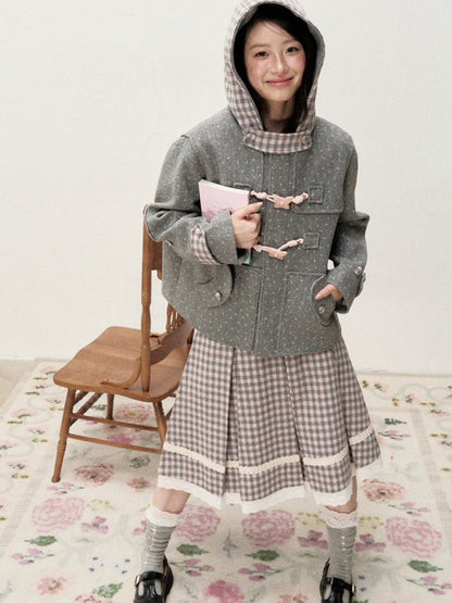 [RF] Floral Heather Gray Pink Plaid-Trim Hooded Duffle Coat