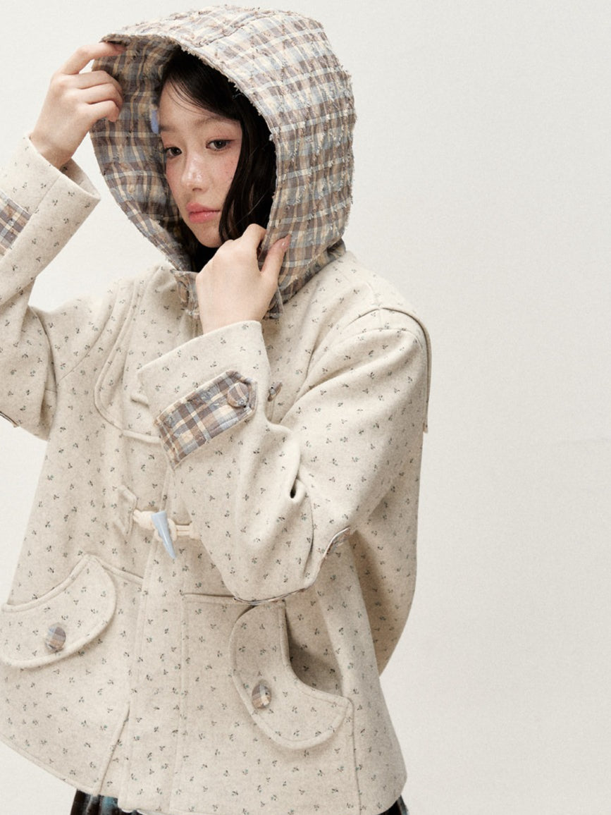 [RF] Floral Heather Beige Apricot Plaid-Trim Hooded Duffle Coat