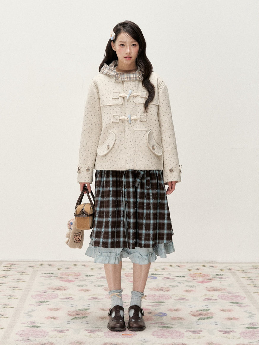 [RF] Floral Heather Beige Apricot Plaid-Trim Hooded Duffle Coat