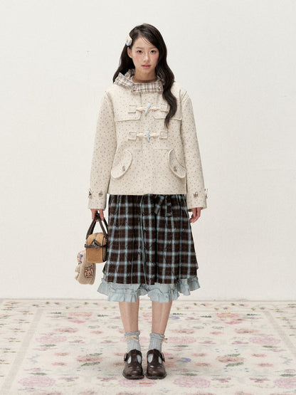 [RF] Floral Heather Beige Apricot Plaid-Trim Hooded Duffle Coat