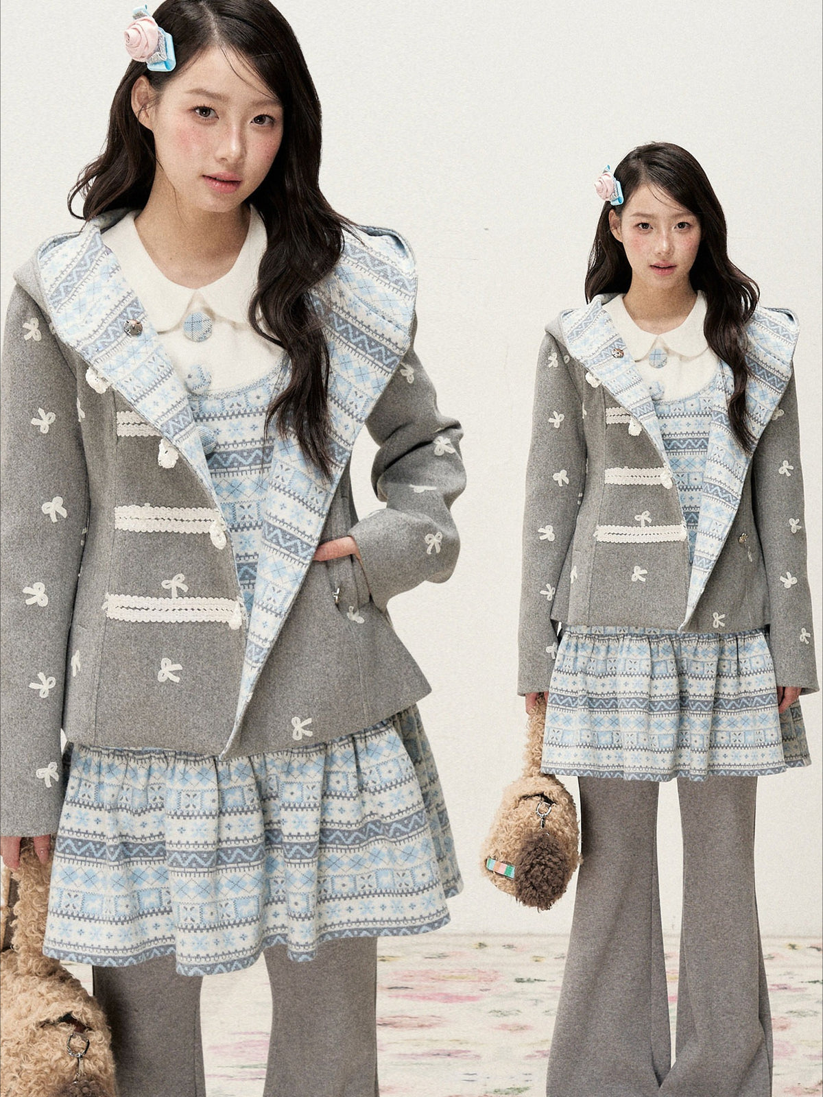 [RF] Heather Gray Vintage Jacquard Hooded Jacket with Frost Mist Blue Details