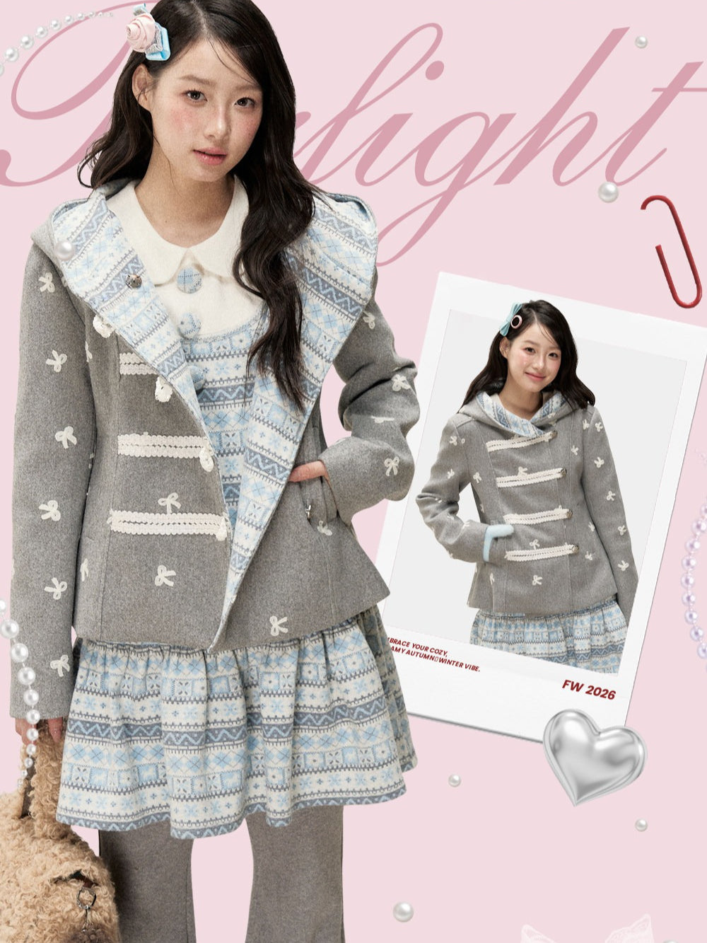 [RF] Heather Gray Vintage Jacquard Hooded Jacket with Frost Mist Blue Details