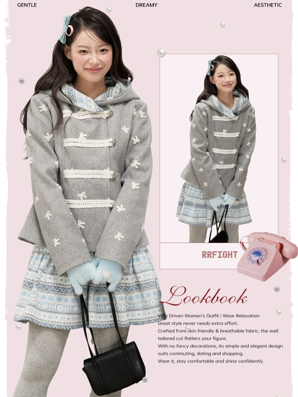 [RF] Heather Gray Vintage Jacquard Hooded Jacket with Frost Mist Blue Details