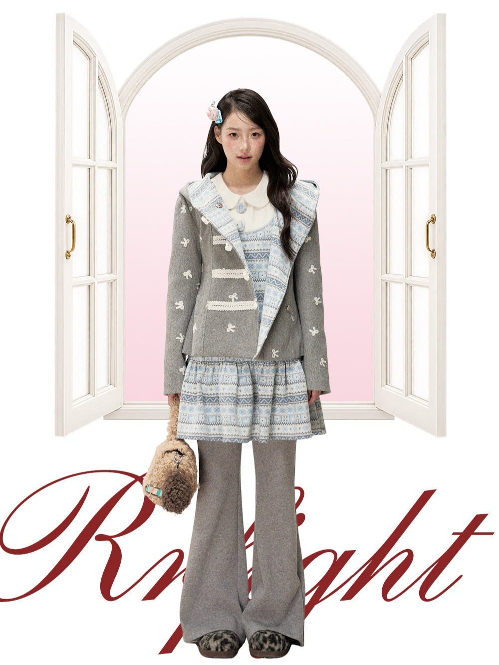 [RF] Heather Gray Vintage Jacquard Hooded Jacket with Frost Mist Blue Details